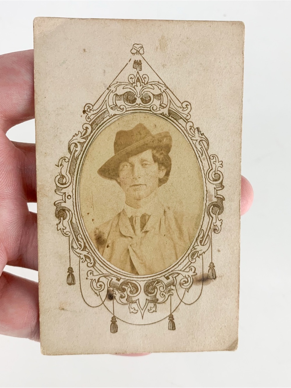 Antique Civil War Era CDV Photo 2 Cent Revenue Stamp Fancy Hat Vintage Portrait